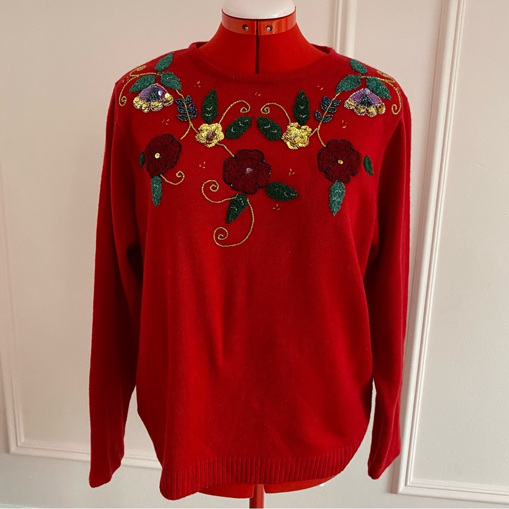 Vintage Haband Knit Sweater, Floral, Beaded, Acrylic, Red, Women's US L
